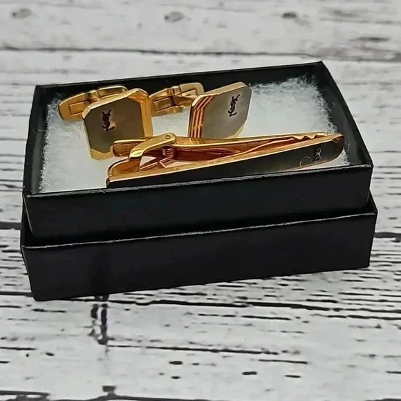 Yves Saint Laurent Gold and Matte Grey Tone Cufflinks and Tie Bar Set Vintage - Picture 4 of 4